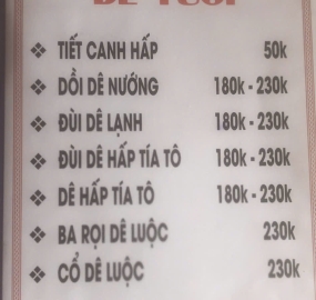 Menu giá mới Lẩu Dê Cây Bàng